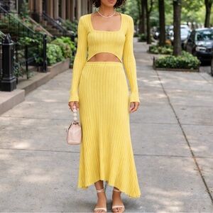 AFRM Skye Cutout Ribbed Knit Midi Dress Yellow Pink Size Small